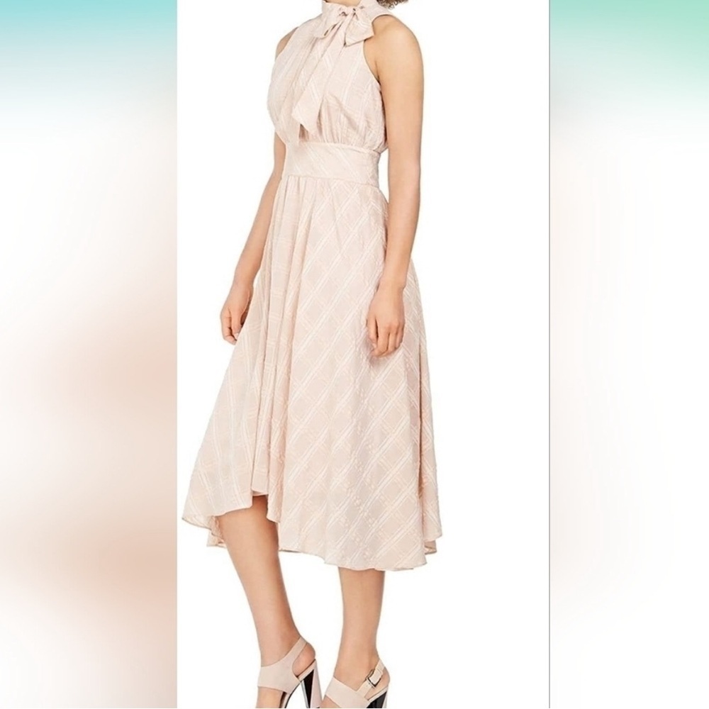 Calvin Klein Mock Neck Midi Dress with Bow Tie Neckline in Blush Tan -Size 6 NWT